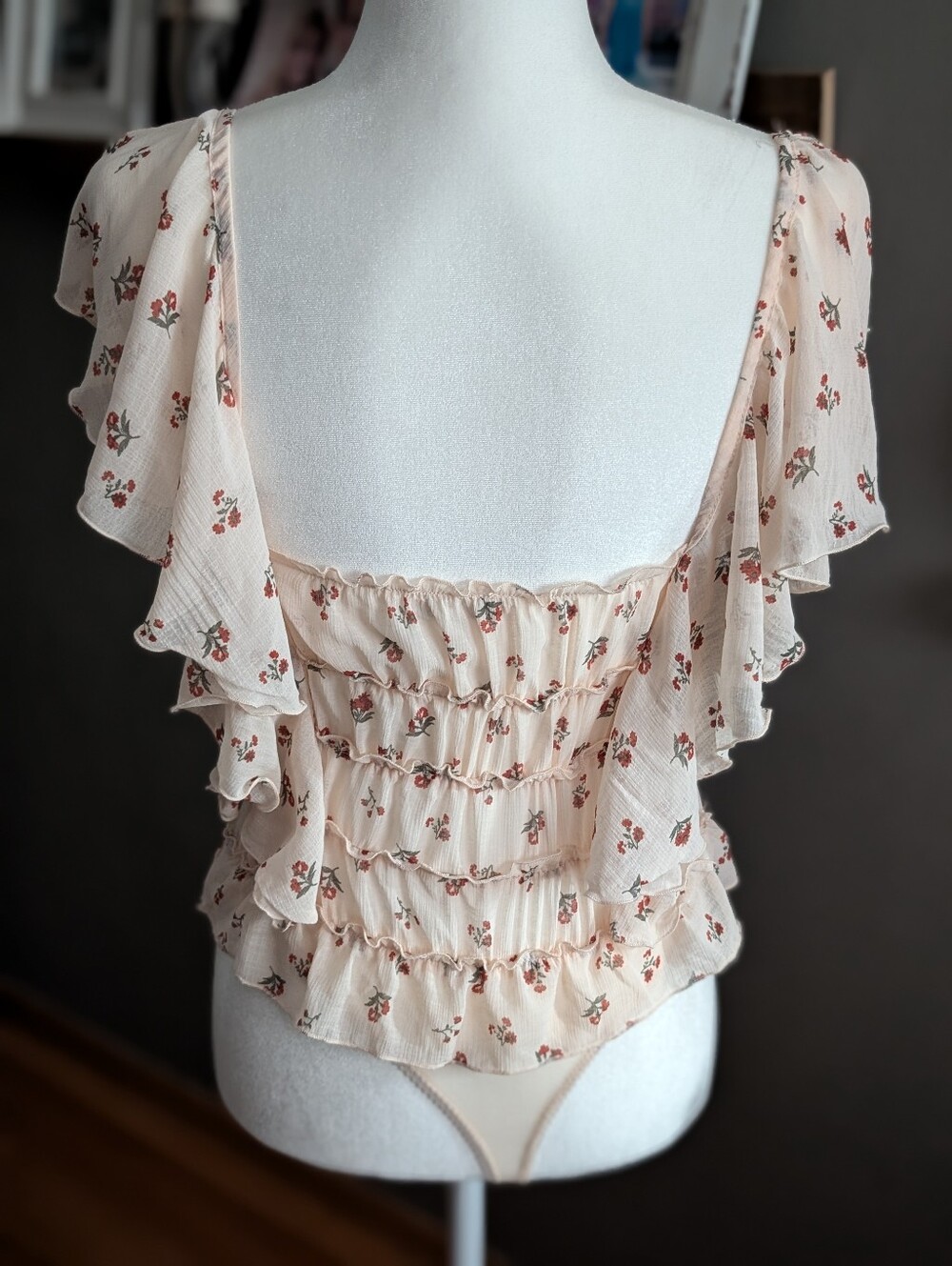 Intimately Free People Small Light Peach Pink Floral Smocked Bodysuit Fairycore - Picture 4 of 6